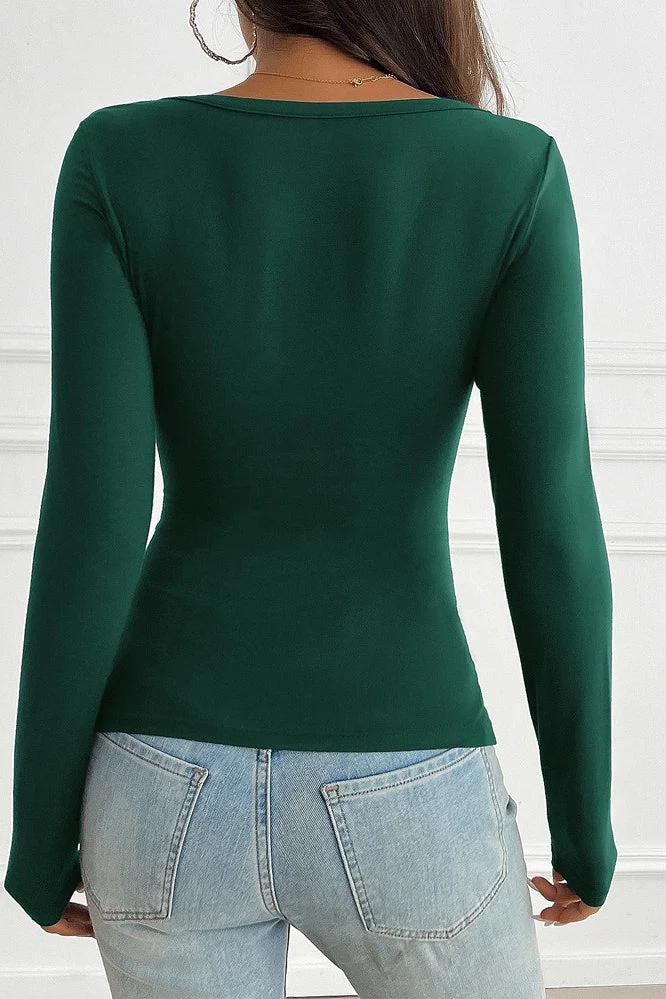 Button Detail Lace Trim V-Neck Long Sleeve Tee - Image 12