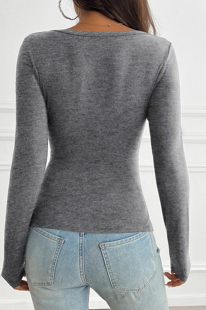 Button Detail Lace Trim V-Neck Long Sleeve Tee - Image 15