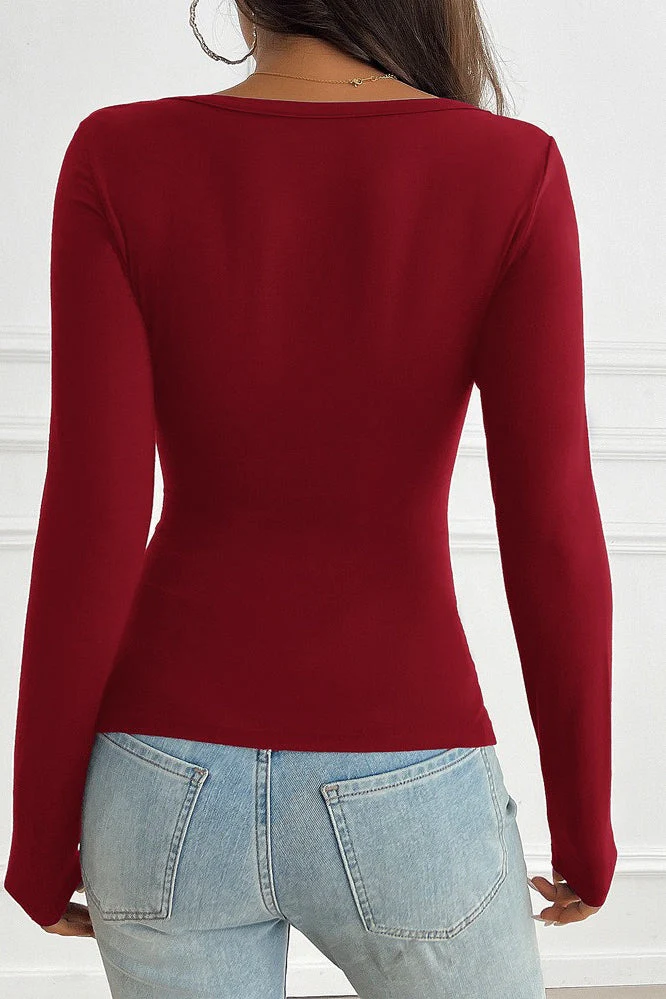 Button Detail Lace Trim V-Neck Long Sleeve Tee - Image 3