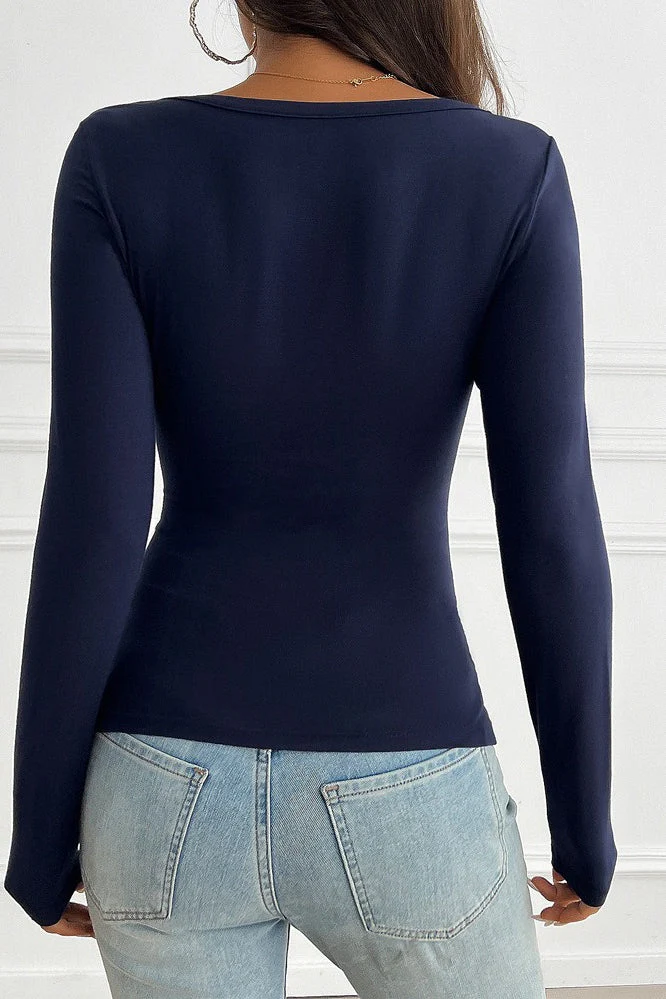 Button Detail Lace Trim V-Neck Long Sleeve Tee - Image 6
