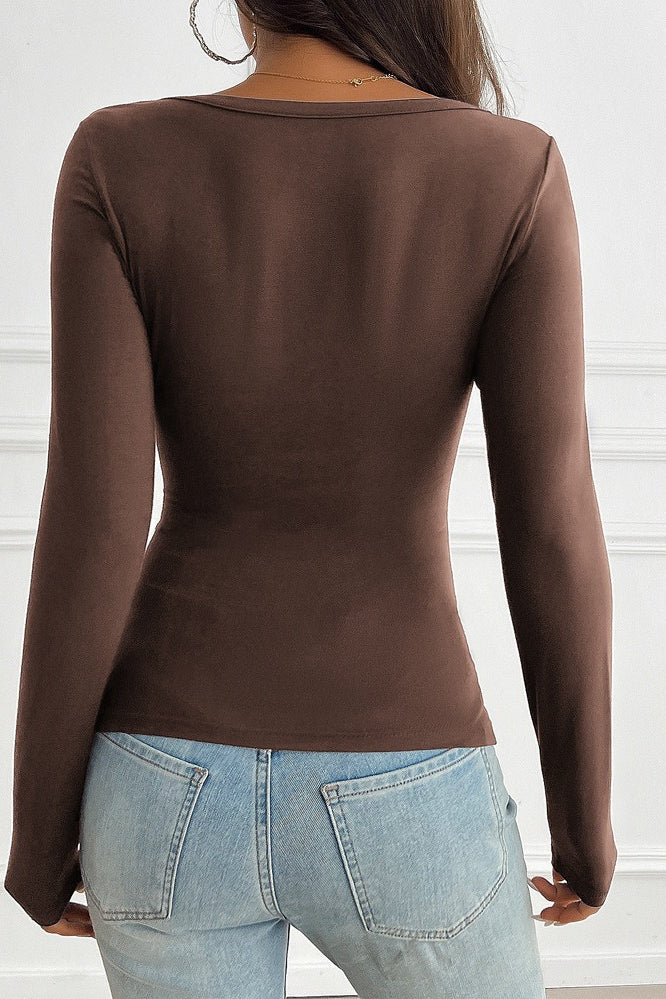 Button Detail Lace Trim V-Neck Long Sleeve Tee - Image 9