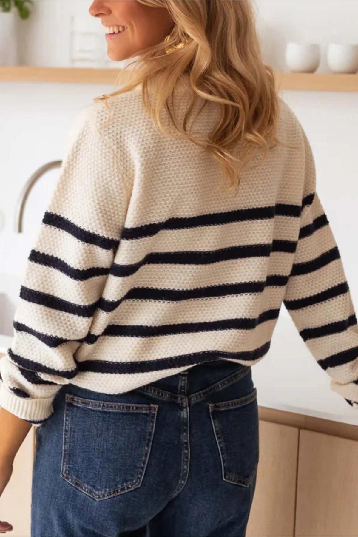 Button Front Stripe Knit Pullover Blouse - Image 2