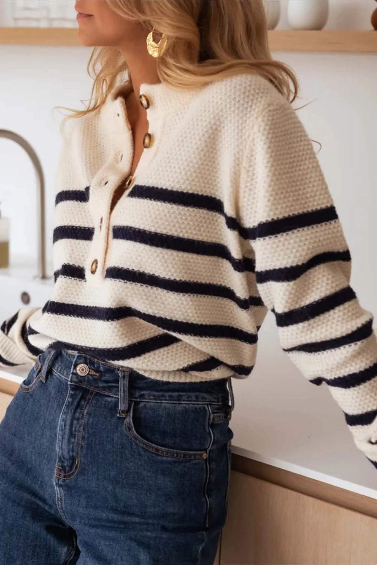 Button Front Stripe Knit Pullover Blouse - Image 3