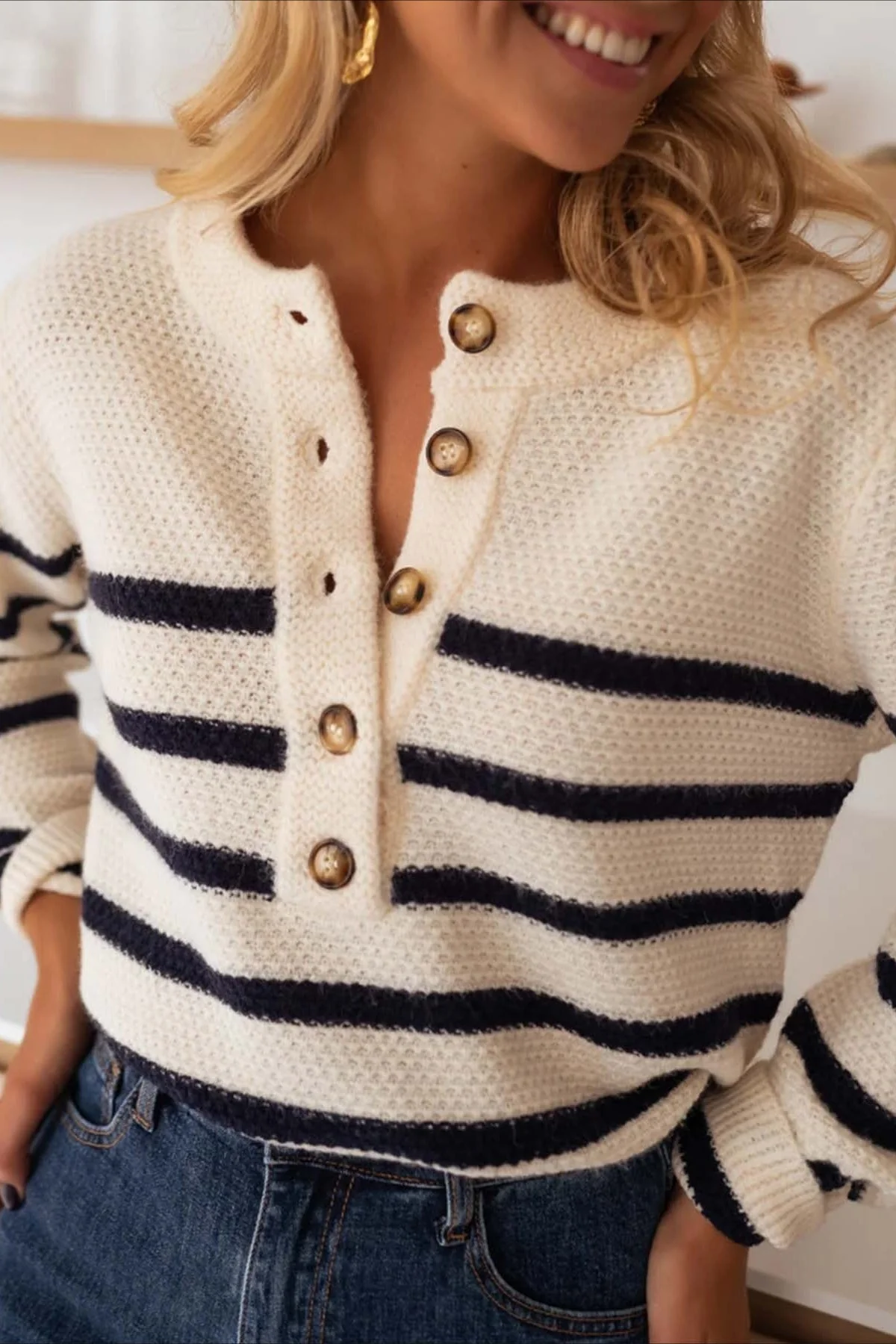 Button Front Stripe Knit Pullover Blouse - Image 4