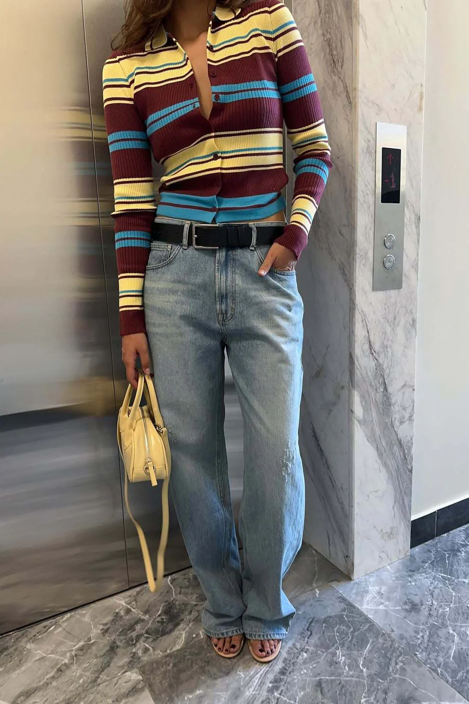 Button Front Stripe Retro Collar Slim Long Sleeve Knit Cardigan - Image 2