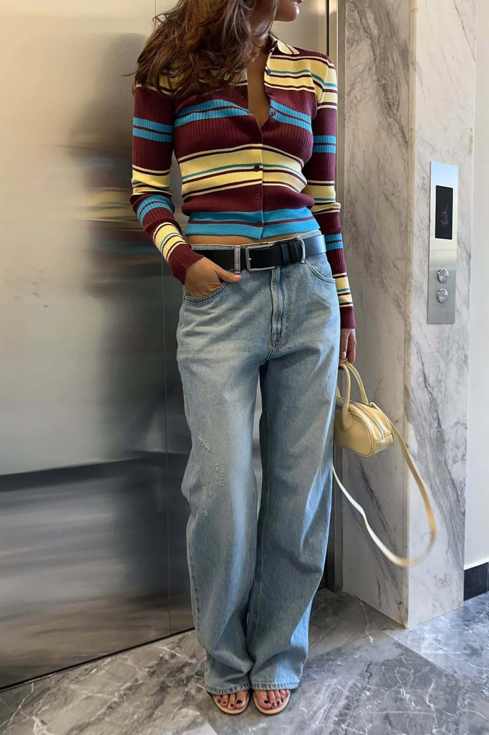 Button Front Stripe Retro Collar Slim Long Sleeve Knit Cardigan - Image 3