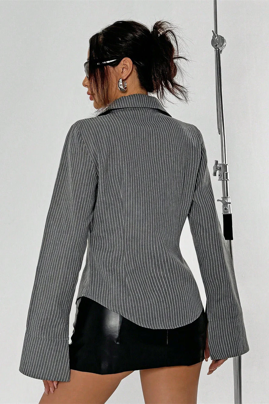 Button Striped Long Sleeve Shirt Cardigan Blouse - Image 4