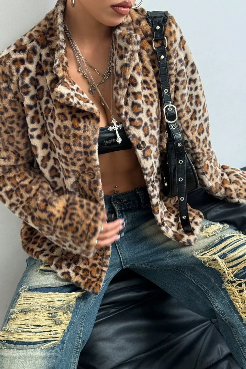 Buttoned Turn-Down Collar Thickened Leopard Coat - Image 2