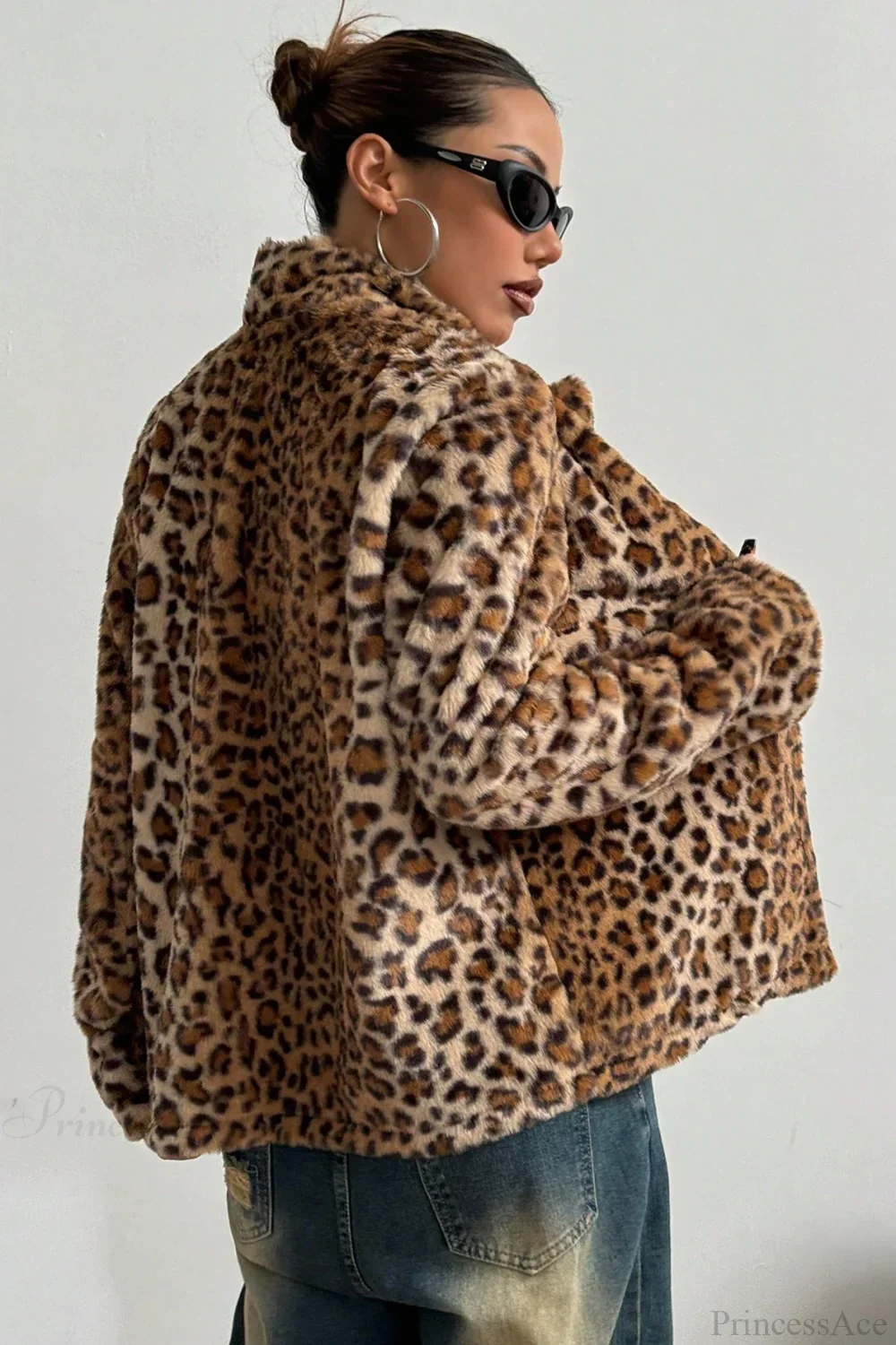 Buttoned Turn-Down Collar Thickened Leopard Coat - Image 3