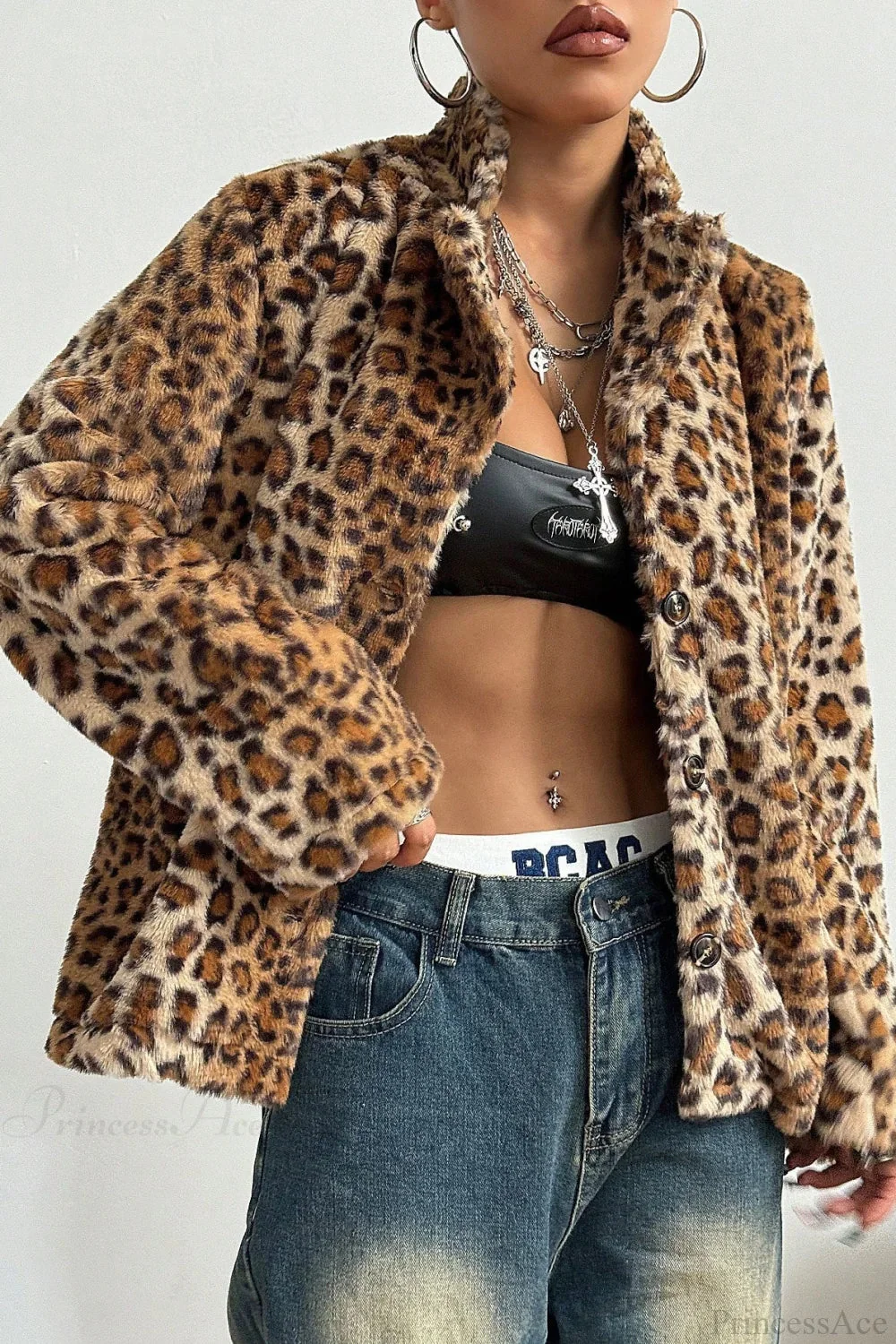 Buttoned Turn-Down Collar Thickened Leopard Coat - Image 4