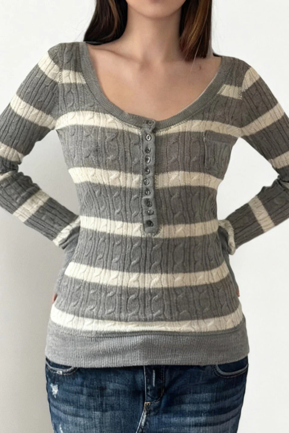 Cable Knit Striped Square Neck Sweet Knit Sweater - Image 2