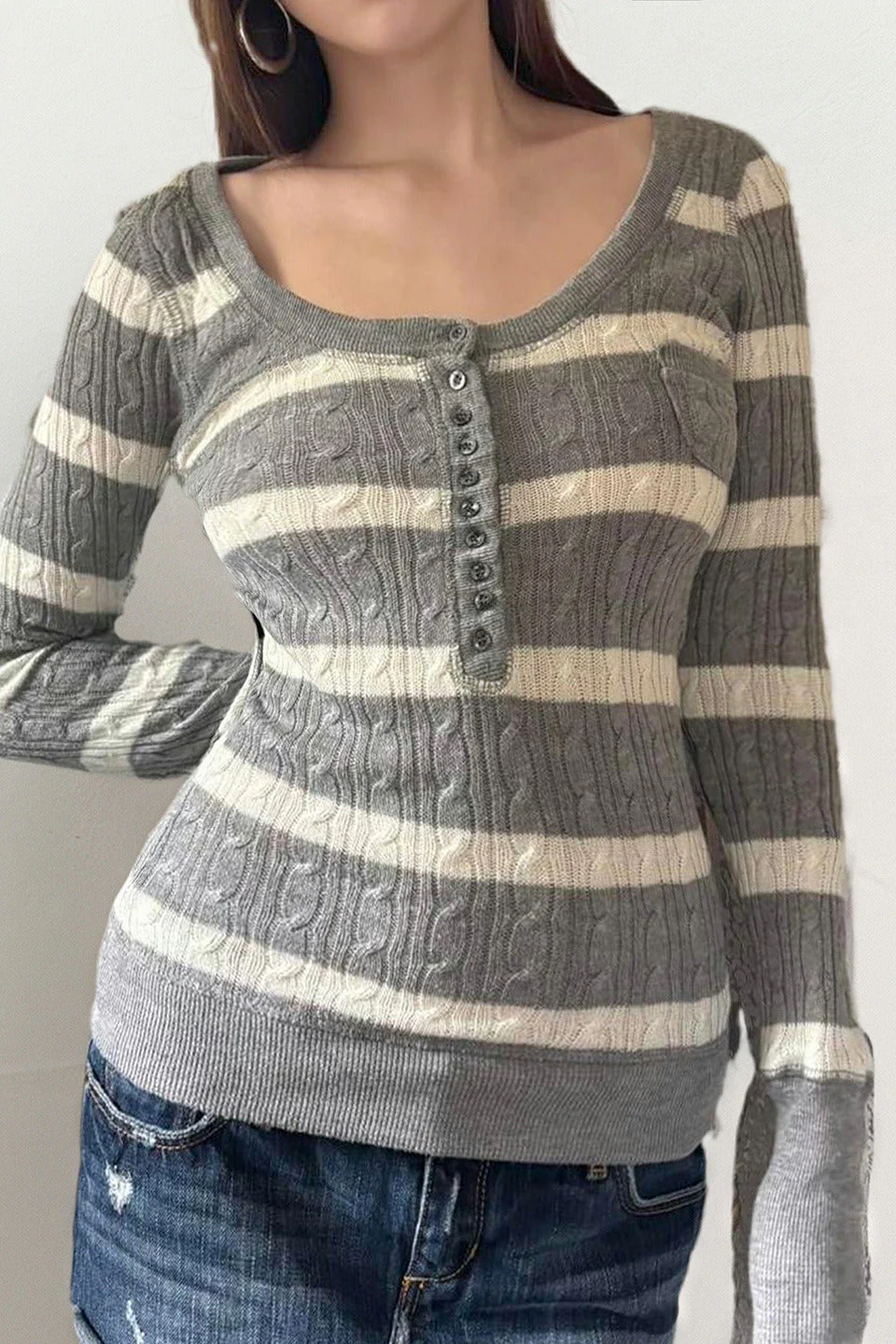 Cable Knit Striped Square Neck Sweet Knit Sweater - Image 3