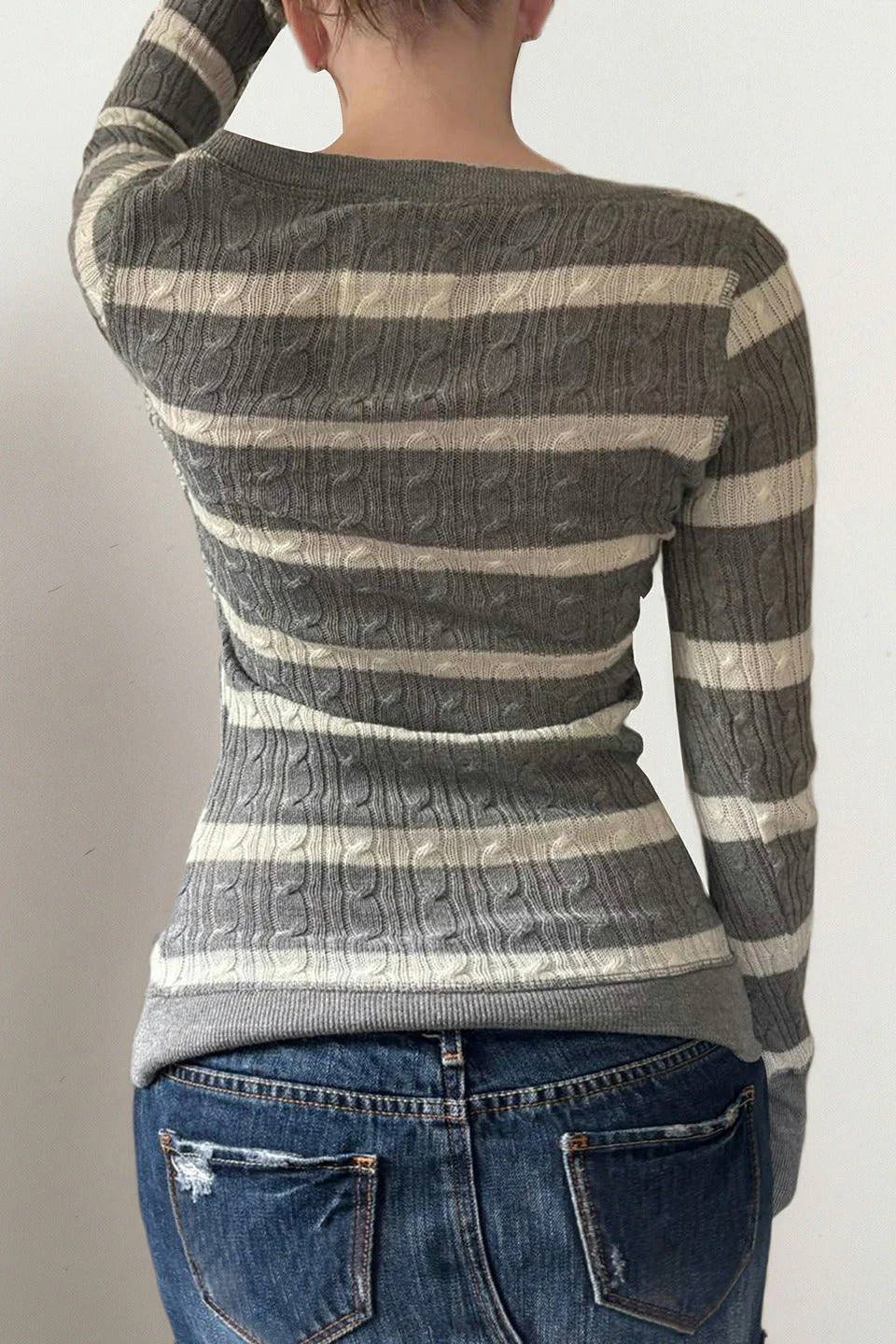 Cable Knit Striped Square Neck Sweet Knit Sweater - Image 4