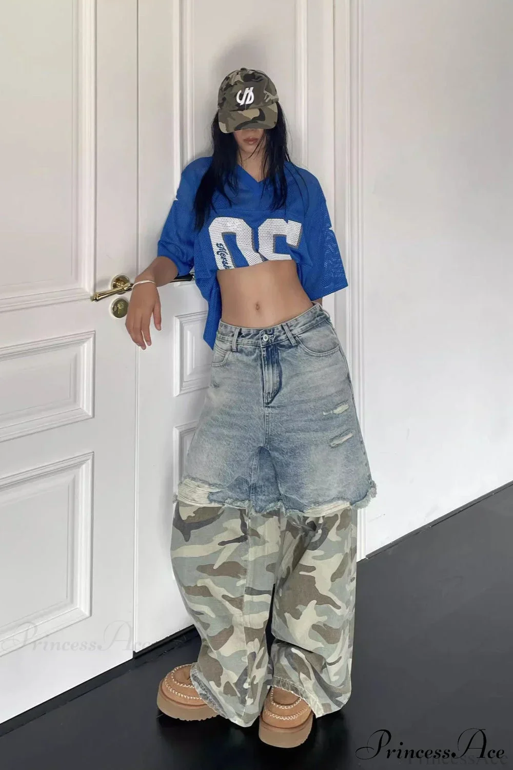 Camouflage Print Patchwork Loose Fit Streetwear Jeans - Image 2
