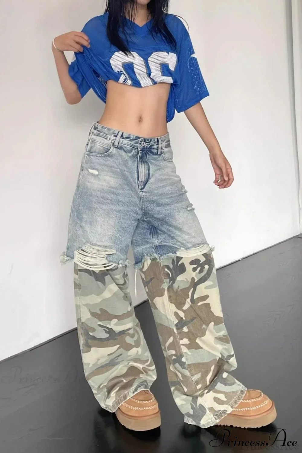 Camouflage Print Patchwork Loose Fit Streetwear Jeans - Image 4