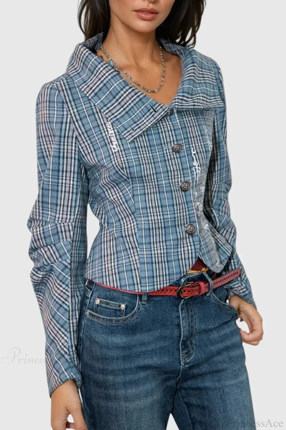 Candlestick Print Plaid Ruched Stand Collar Coat - Image 2