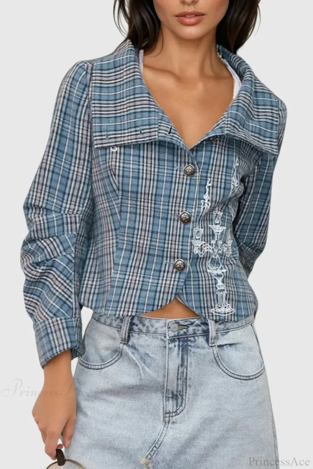 Candlestick Print Plaid Ruched Stand Collar Coat - Image 3