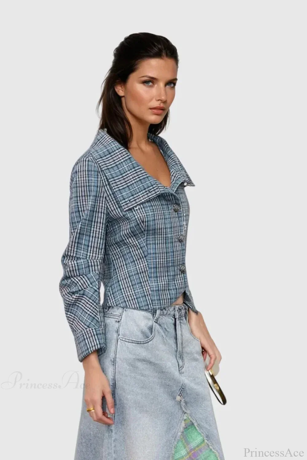 Candlestick Print Plaid Ruched Stand Collar Coat - Image 4