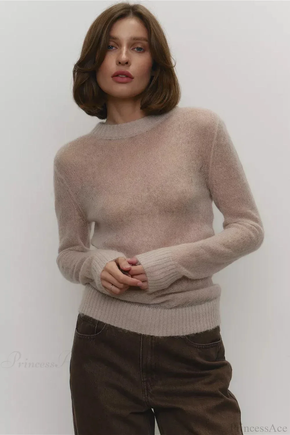 Candy Color Sheer Crew Neck Knit Sweater - Image 3