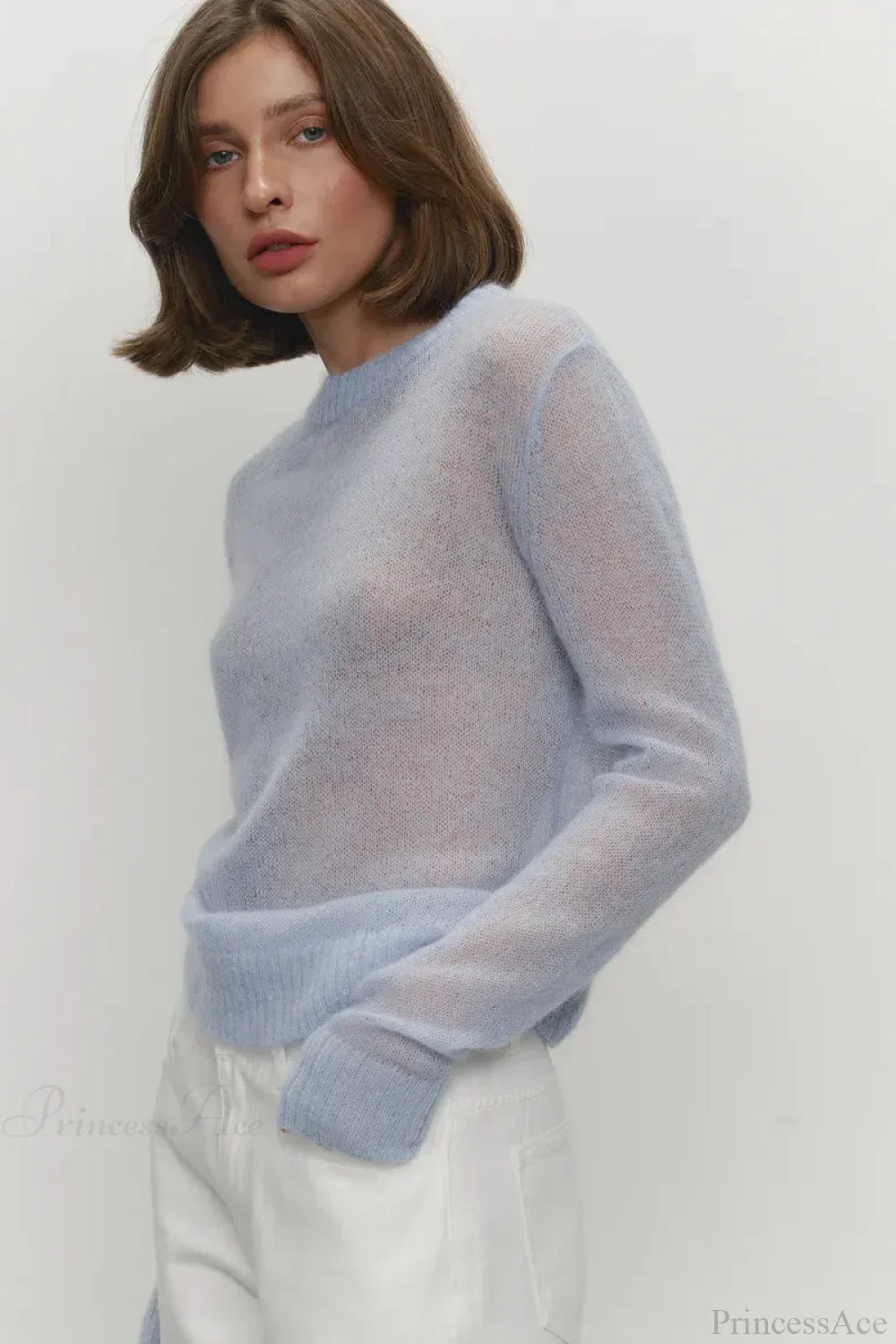 Candy Color Sheer Crew Neck Knit Sweater - Image 8