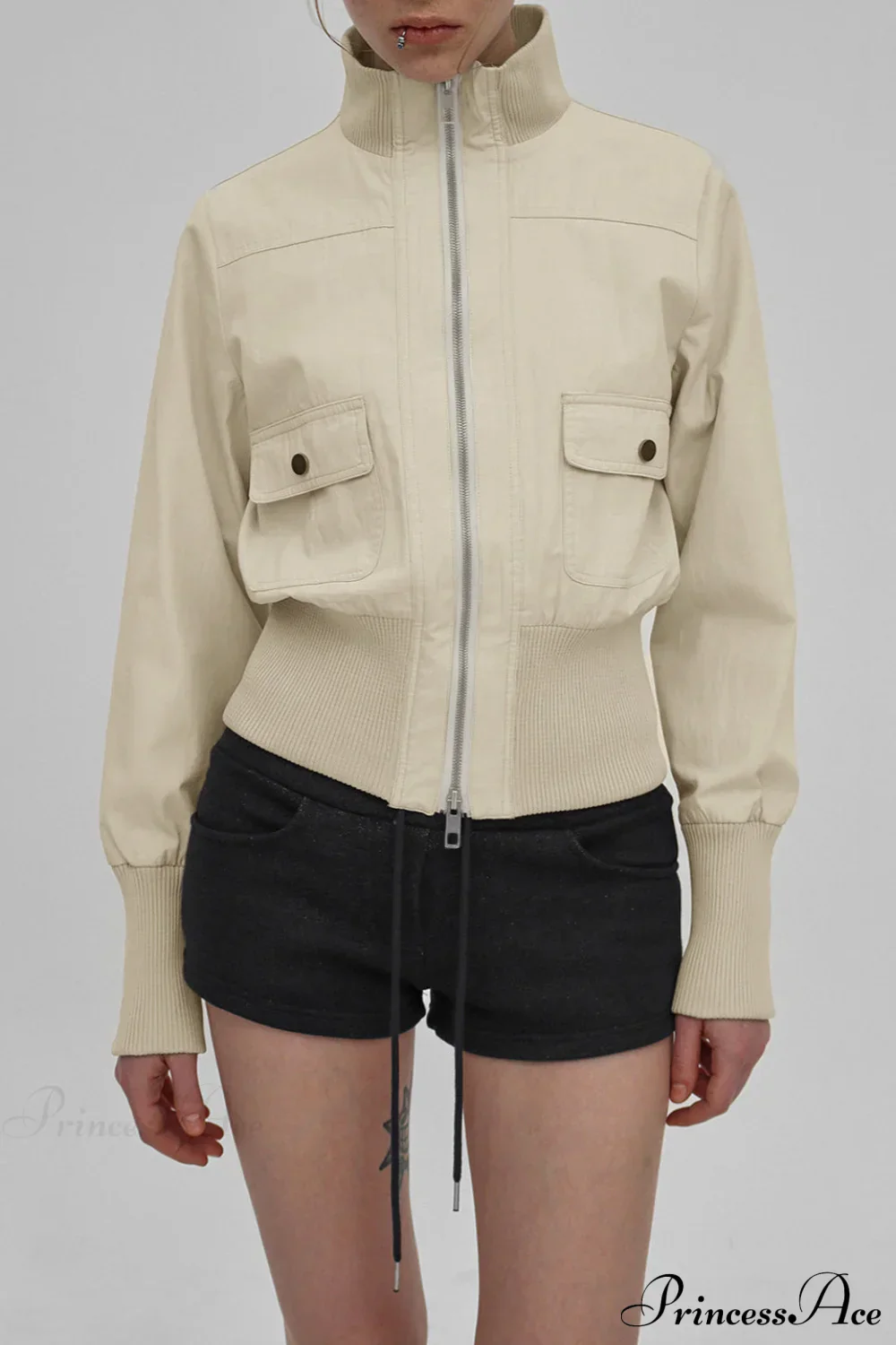 Cargo Zip Pocket Stand Collar Waist Casual Jacket - Image 2