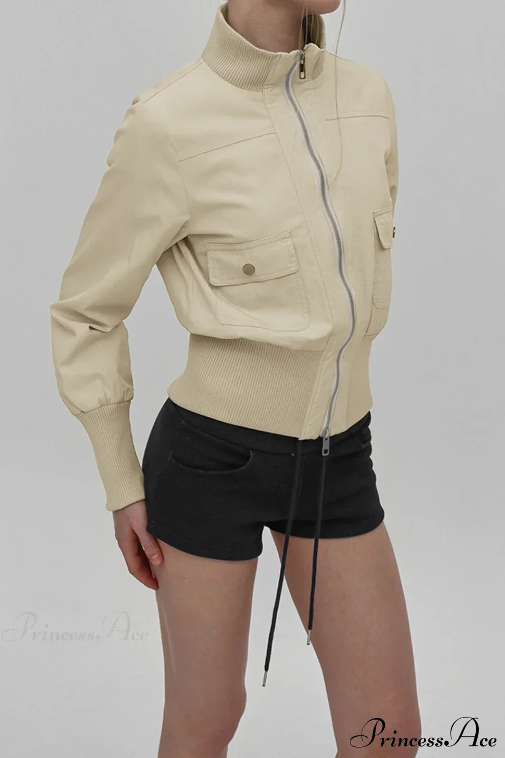 Cargo Zip Pocket Stand Collar Waist Casual Jacket - Image 3