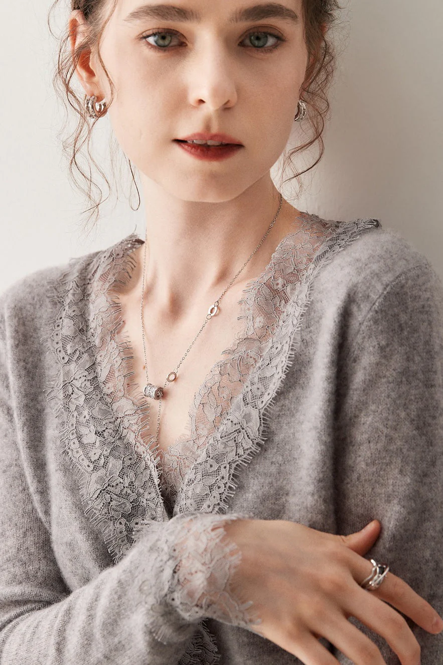 Cashmere Lace-Trimmed V-Neck Knit Cardigan - Image 12