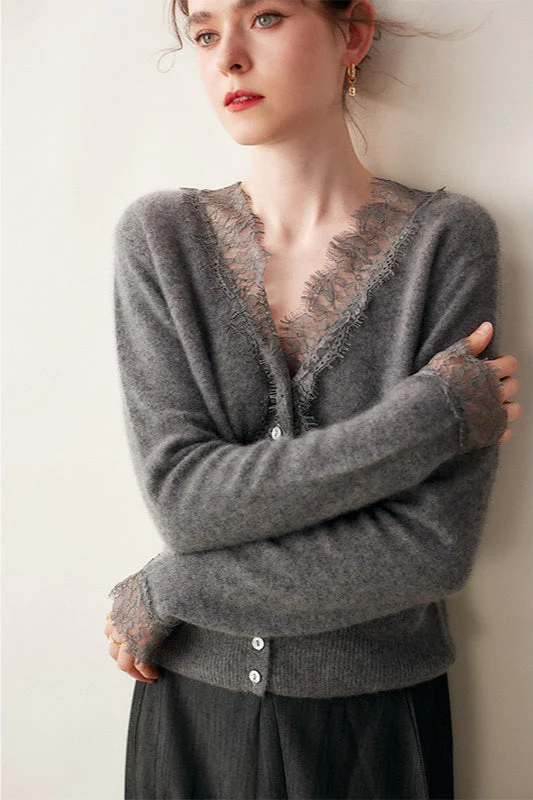 Cashmere Lace-Trimmed V-Neck Knit Cardigan - Image 14