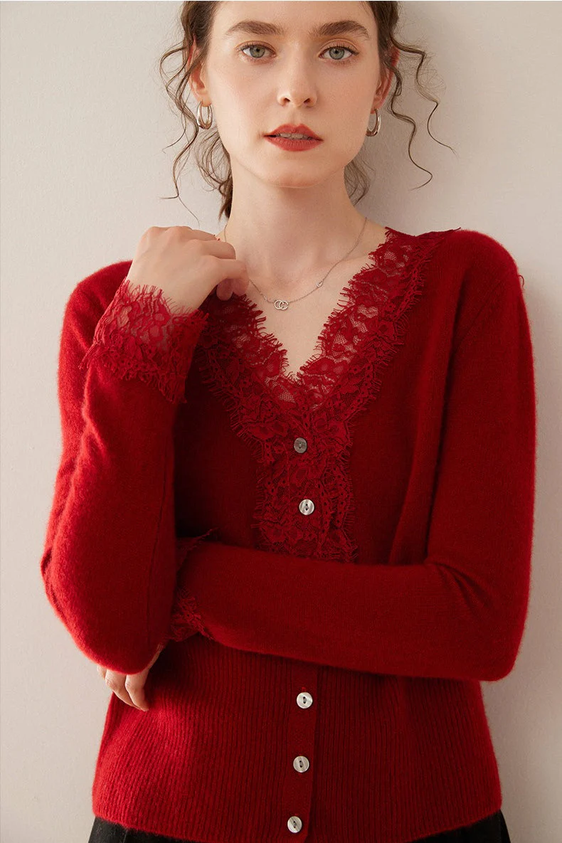 Cashmere Lace-Trimmed V-Neck Knit Cardigan - Image 17