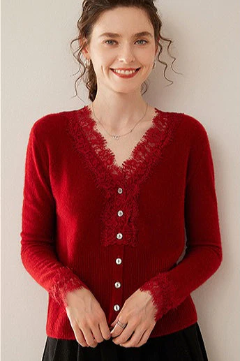 Cashmere Lace-Trimmed V-Neck Knit Cardigan - Image 18