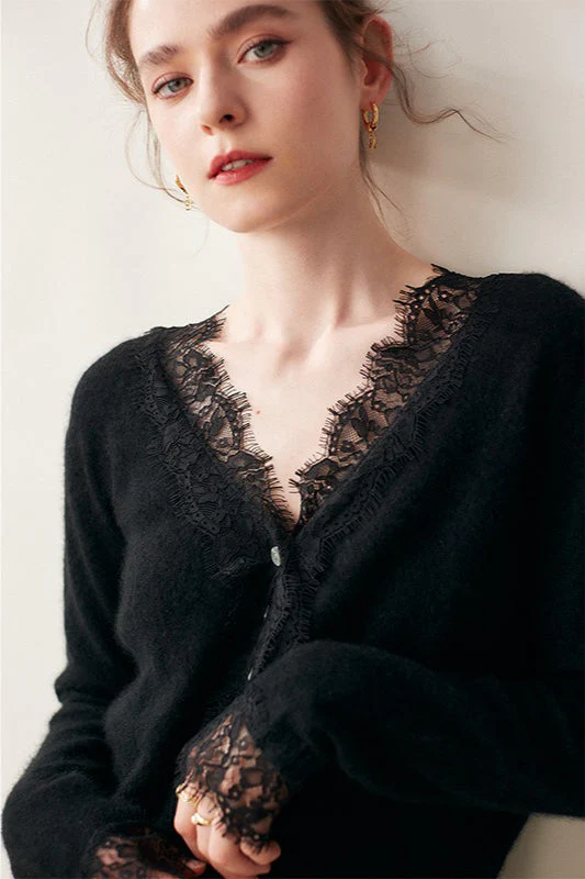 Cashmere Lace-Trimmed V-Neck Knit Cardigan - Image 19