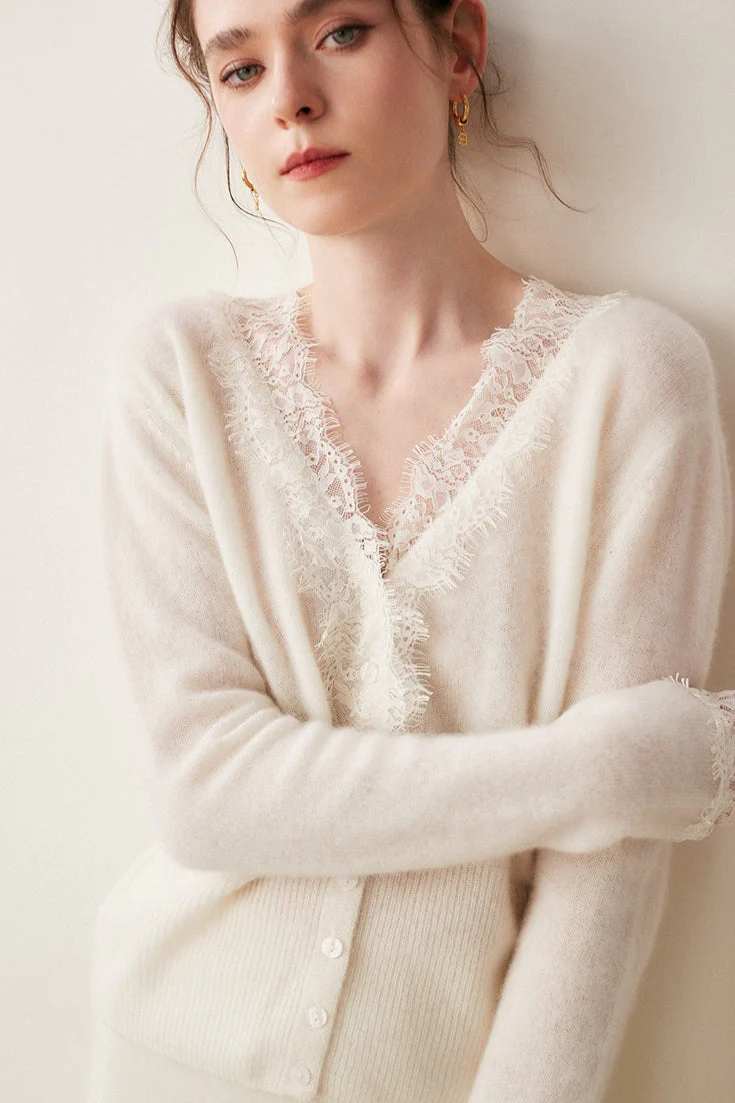 Cashmere Lace-Trimmed V-Neck Knit Cardigan - Image 2