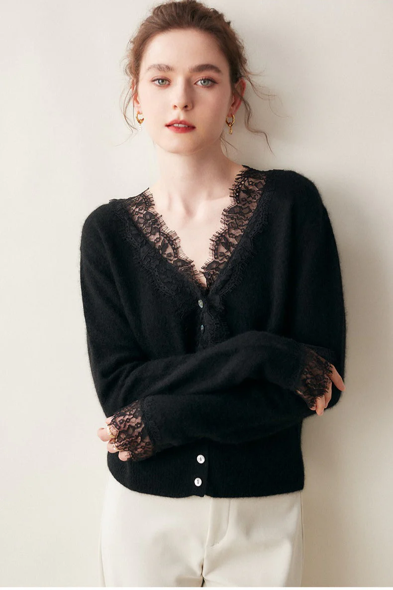 Cashmere Lace-Trimmed V-Neck Knit Cardigan - Image 20