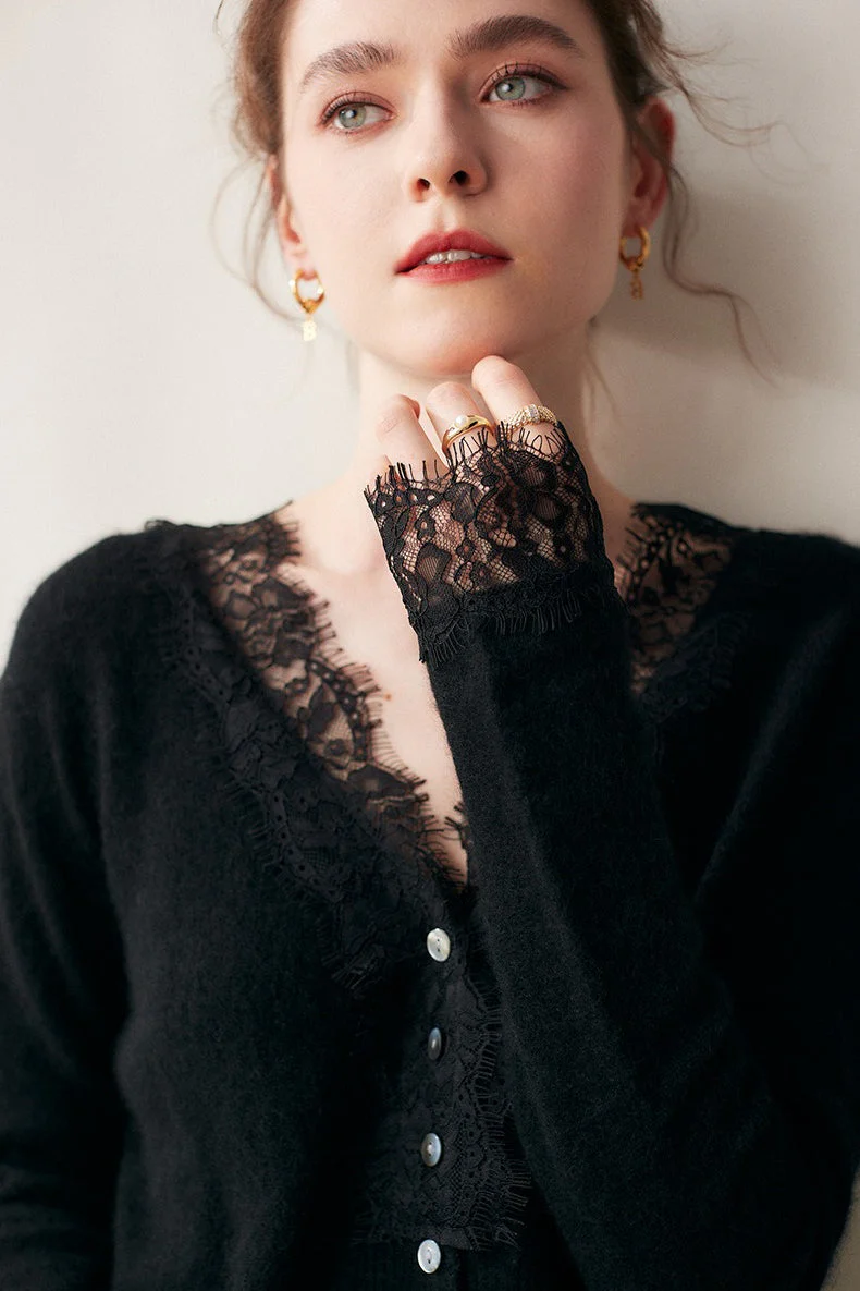 Cashmere Lace-Trimmed V-Neck Knit Cardigan - Image 21