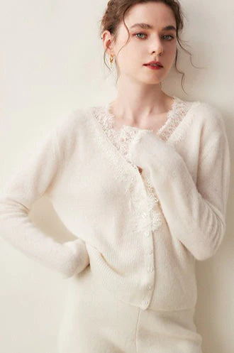 Cashmere Lace-Trimmed V-Neck Knit Cardigan - Image 3