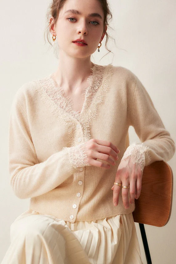 Cashmere Lace-Trimmed V-Neck Knit Cardigan - Image 5