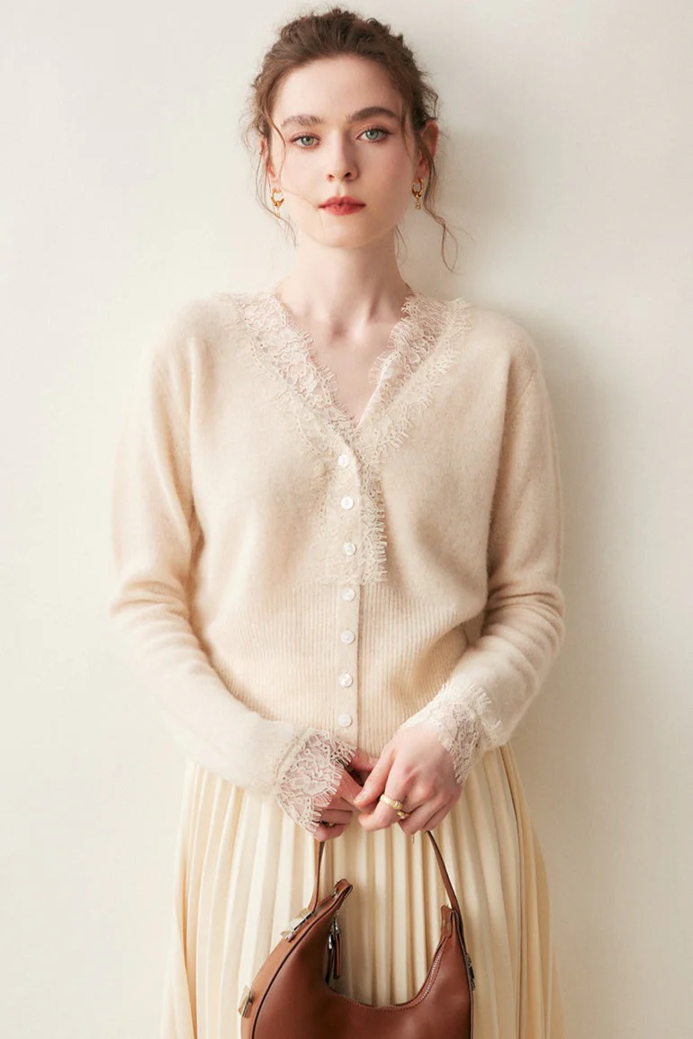 Cashmere Lace-Trimmed V-Neck Knit Cardigan - Image 6