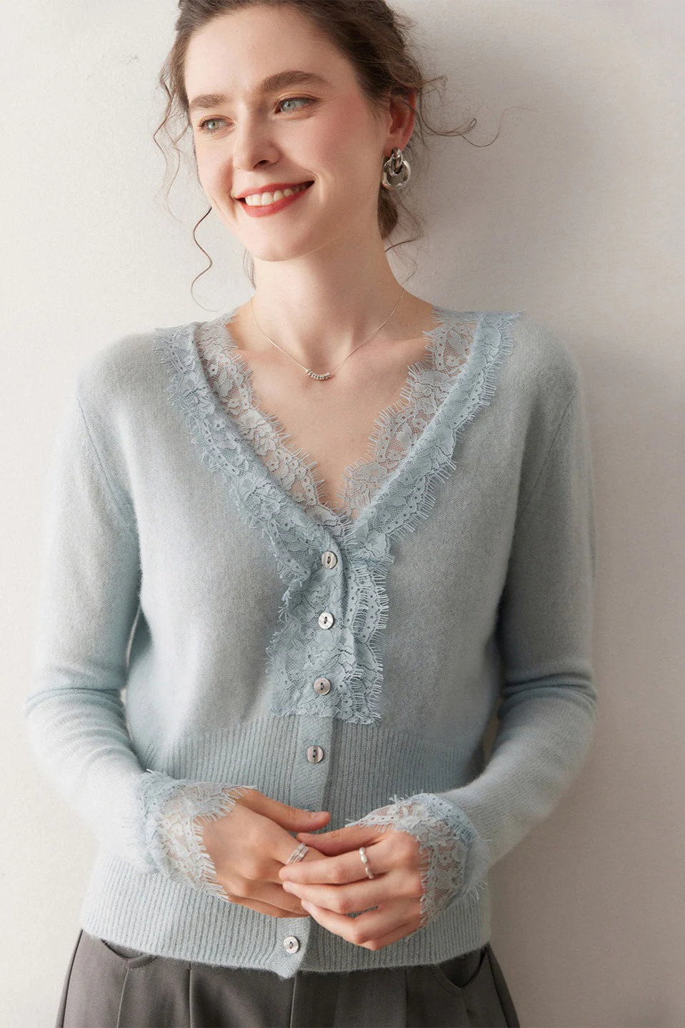 Cashmere Lace-Trimmed V-Neck Knit Cardigan - Image 9