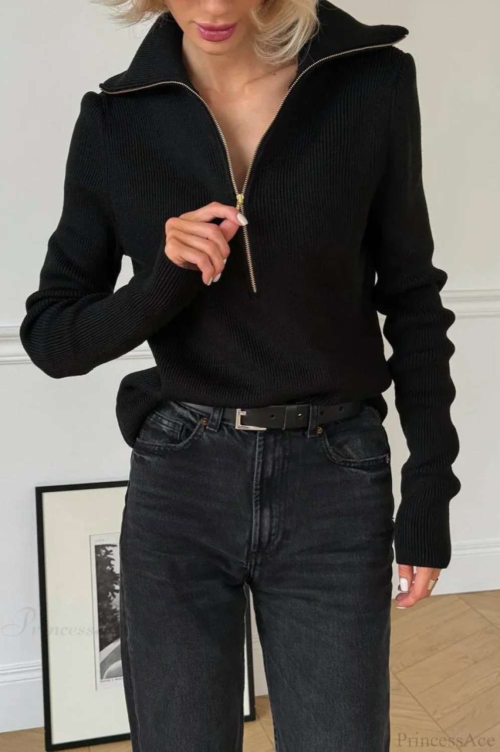 Casual Half-Zip Fitted Knit Long Sleeve Tee - Image 7