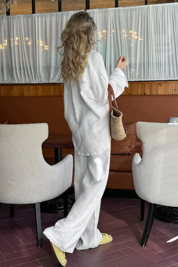 Casual Linen Shirt Straight Pants Two Piece Set - Image 6