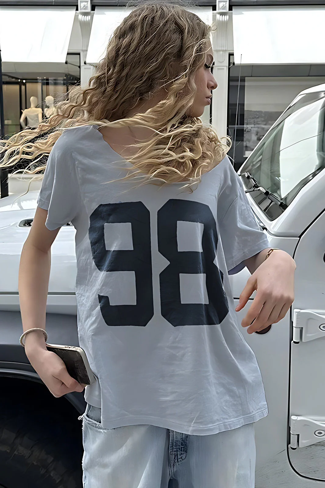 Casual Loose Number Print Off Shoulder Crew T-shirt - Image 2