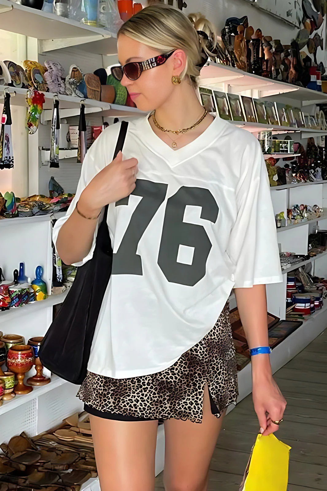 Casual Loose Number Print Off Shoulder Crew T-shirt - Image 7