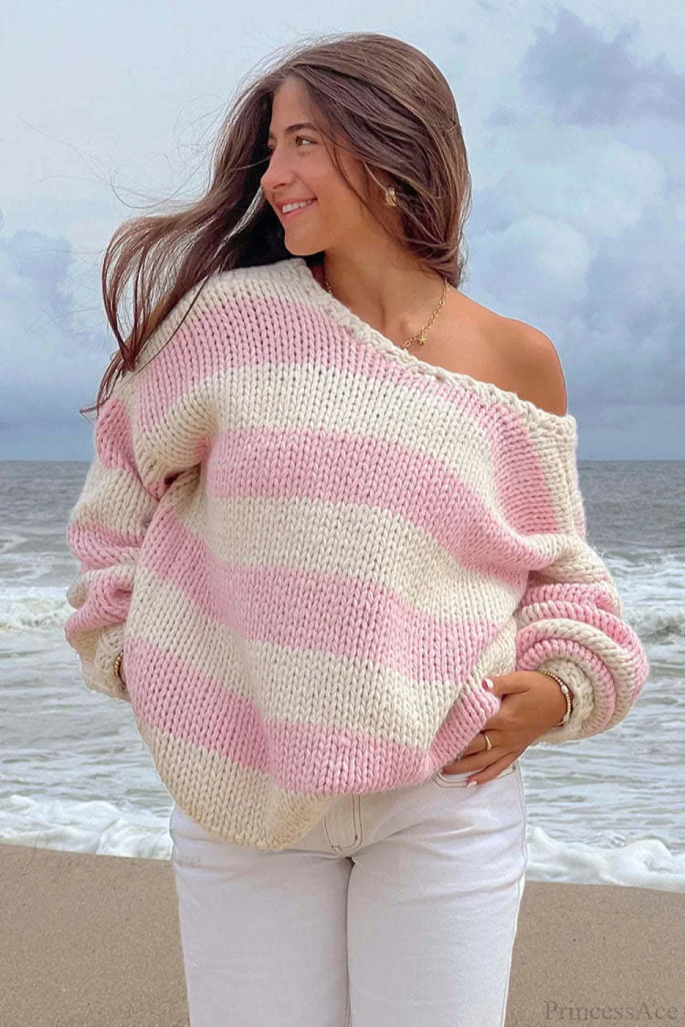 Casual Loose Off-Shoulder Striped Sweet Sweater - Image 10