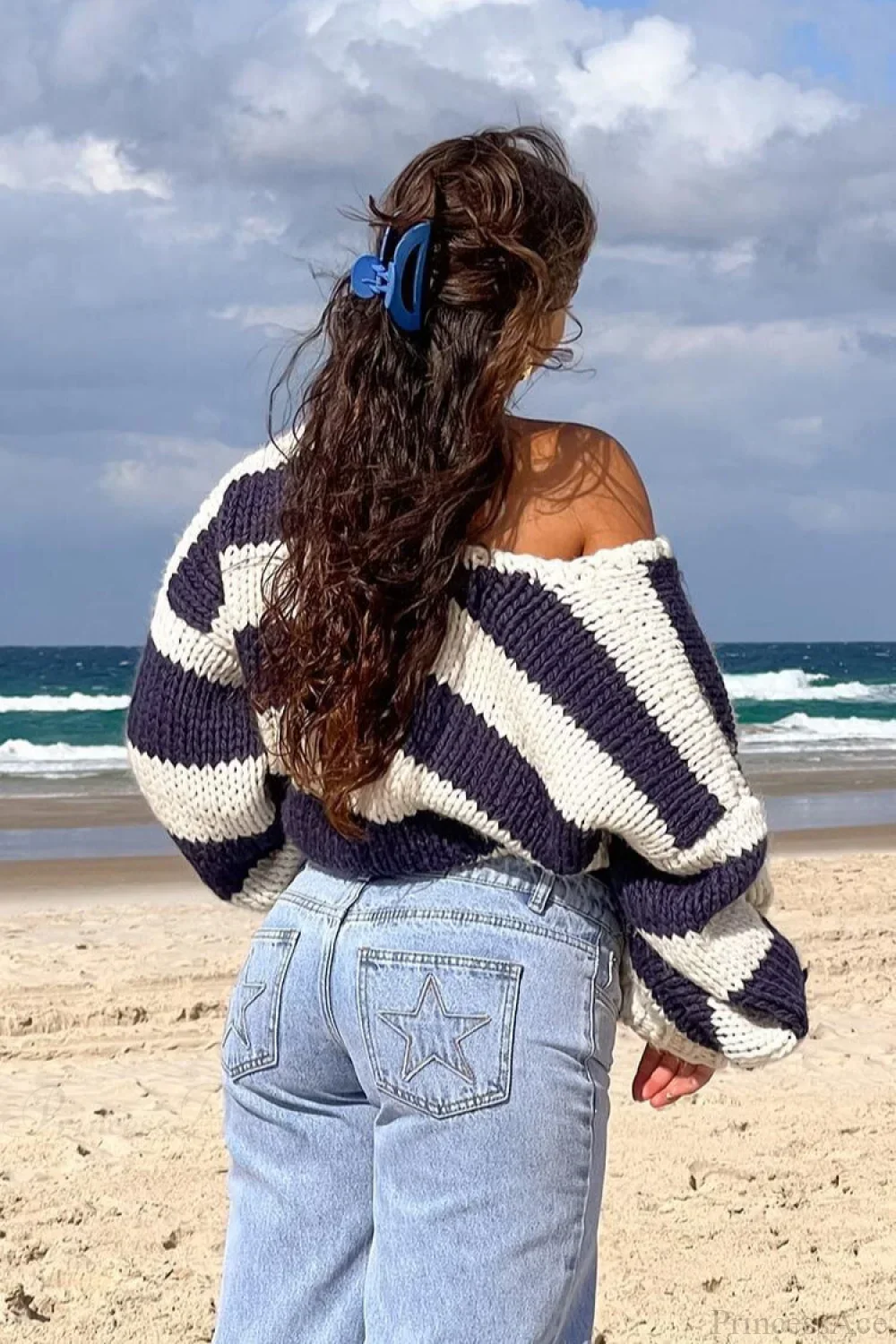 Casual Loose Off-Shoulder Striped Sweet Sweater - Image 3