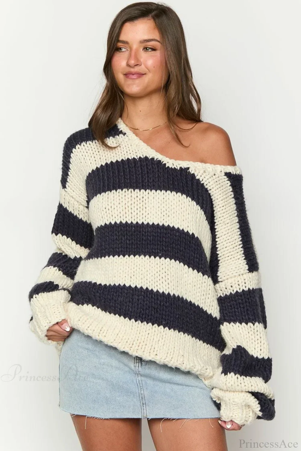 Casual Loose Off-Shoulder Striped Sweet Sweater - Image 4