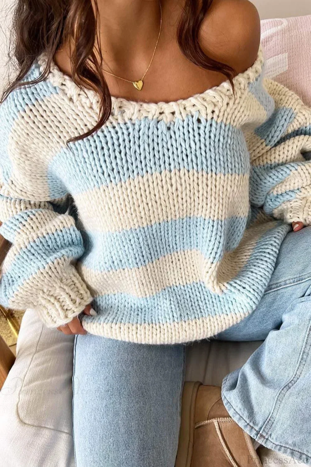 Casual Loose Off-Shoulder Striped Sweet Sweater - Image 7