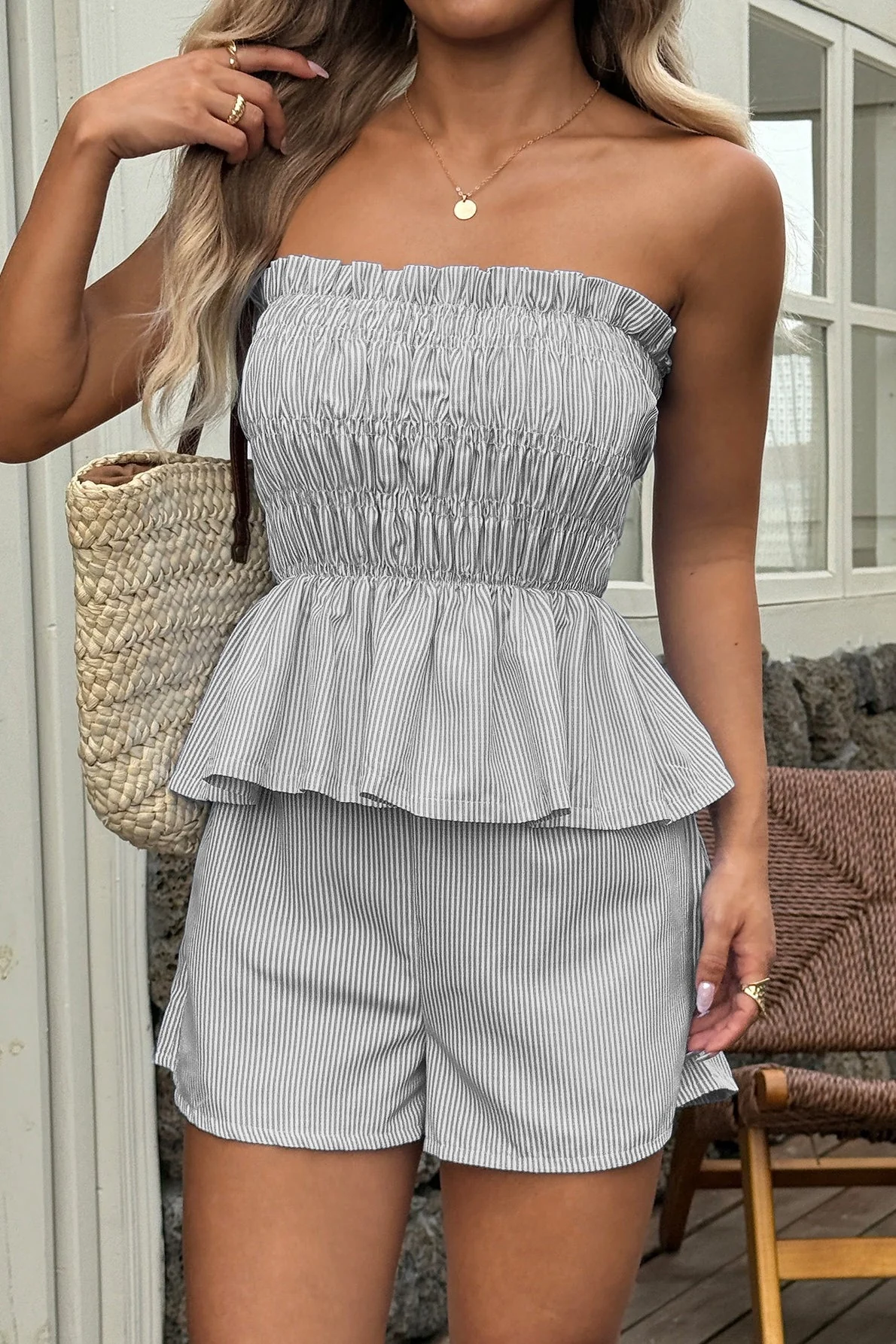 Casual Minimalist stripe Tube Ruffle Shorts Two Piece Set - Image 10