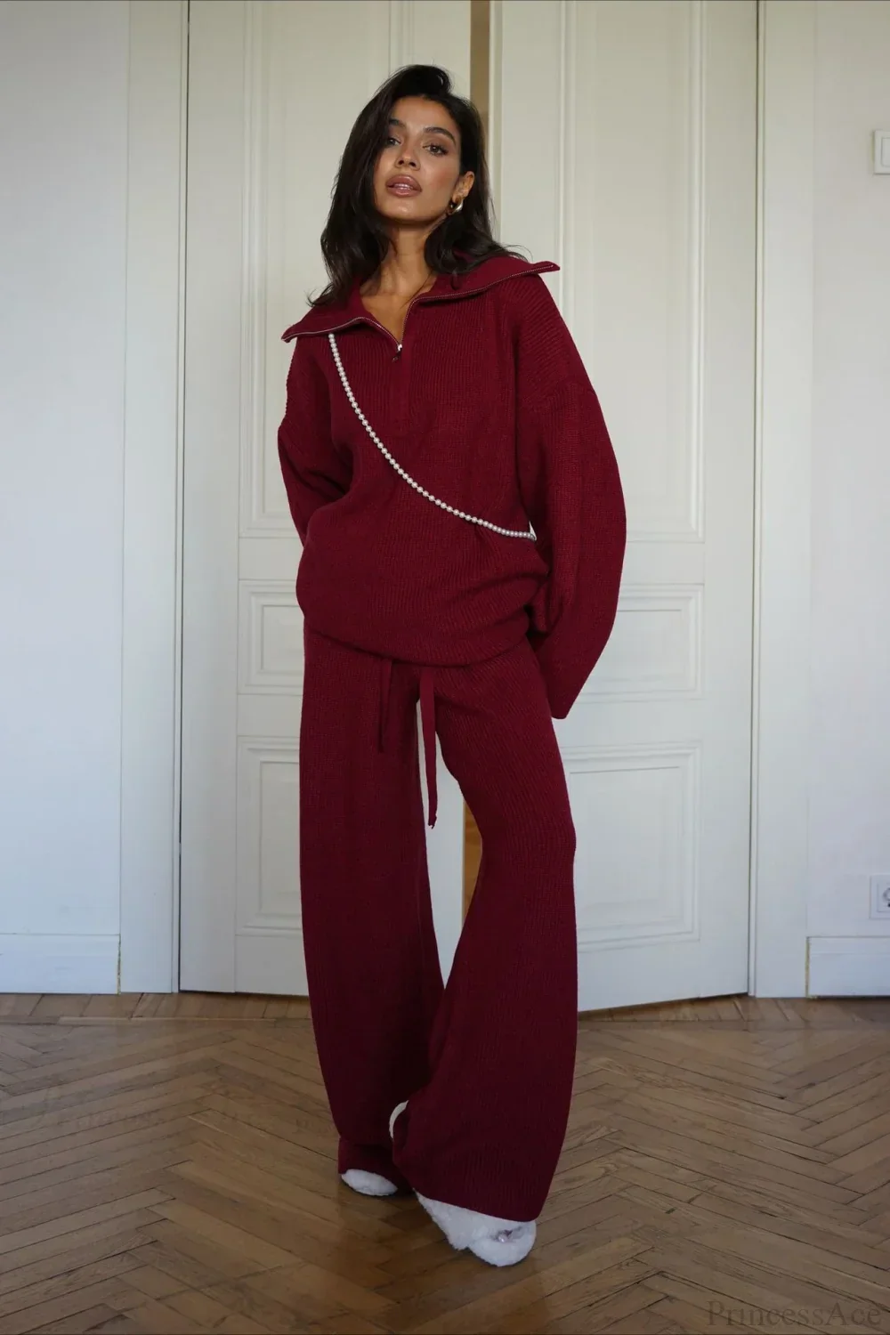 casual Solid Angora Red Half-Zip Knit Two Piece Set - Image 2