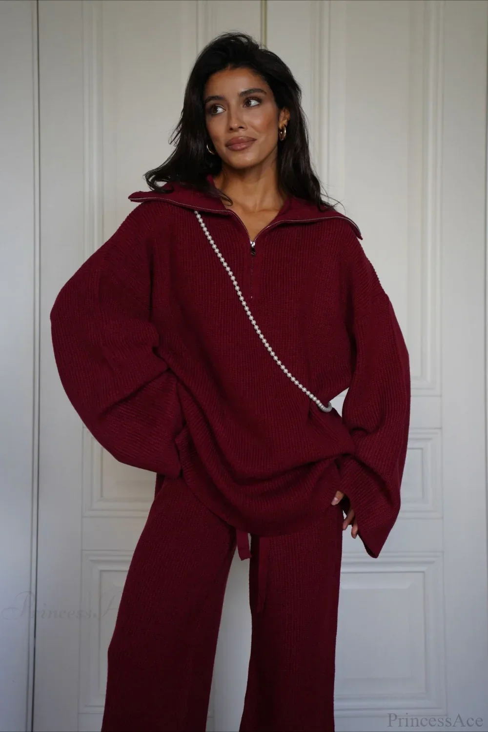 casual Solid Angora Red Half-Zip Knit Two Piece Set - Image 3