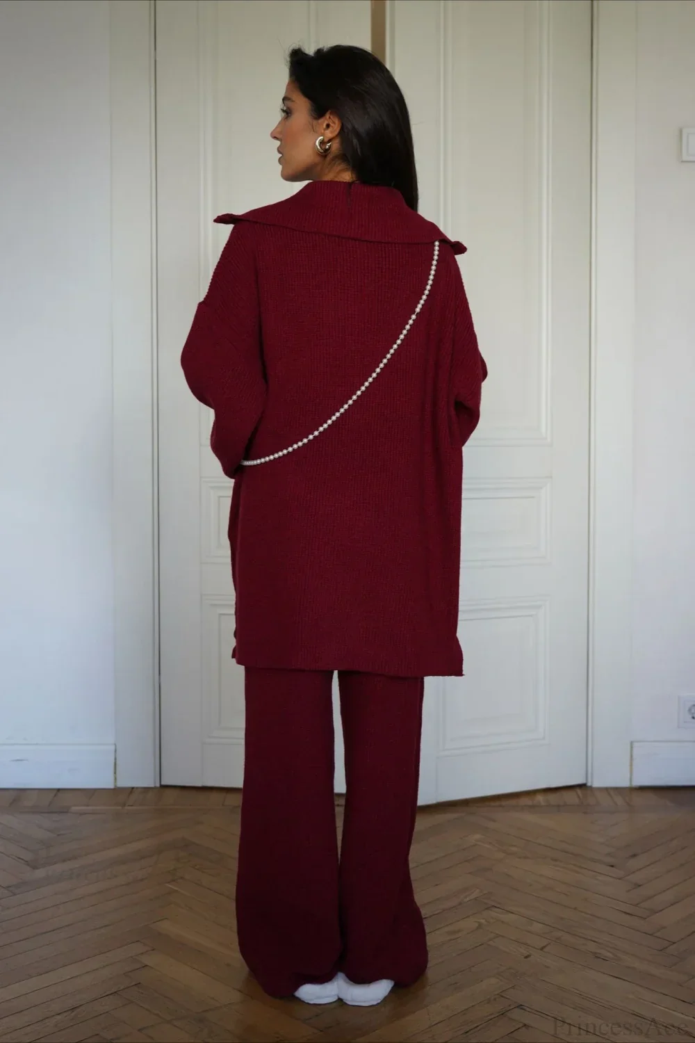 casual Solid Angora Red Half-Zip Knit Two Piece Set - Image 4
